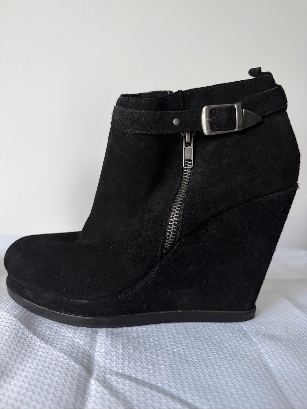 Dolce Vita Black Suede Wedge Ankle Boot w/Side Zip & Buckle